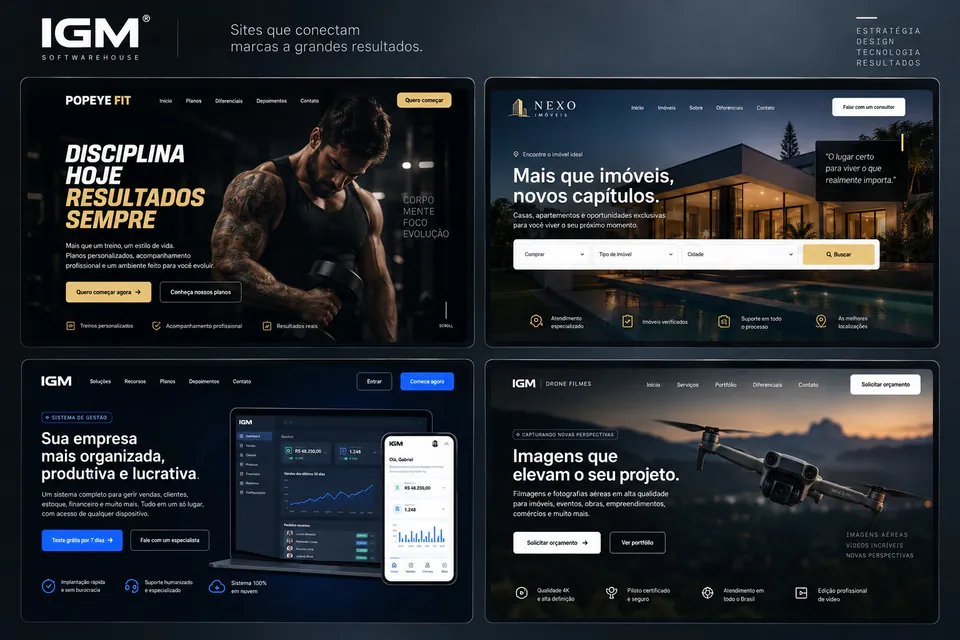 Sites e landing pages de academia, imobiliária, sistema de gestão e produtora de vídeo criados pela IGM