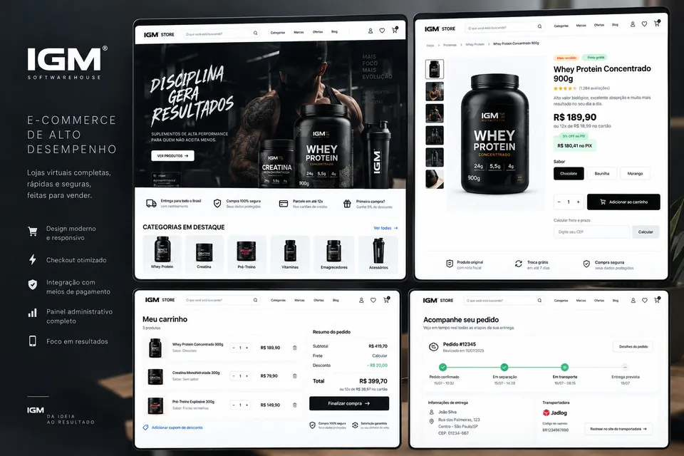 Loja virtual com vitrine, página de produto, carrinho e rastreio de pedido criada pela IGM